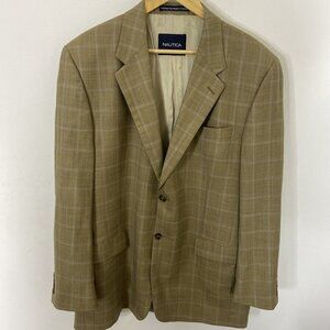 Nautica Men 44L Wool Check Blazer Sports Coat Yellow Green Beige